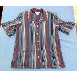Allison Daley Womens Size 12 Striped Button Up Shirt Short Sleeve Navy Burgundy
